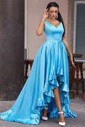 Vestido de noche Hi-Lo Sapphire Serenity con escote en V, sin mangas y corte en A