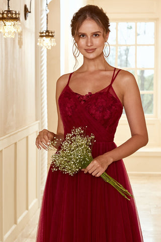 Robe longue de demoiselle d'honneur bordeaux avec dentelle