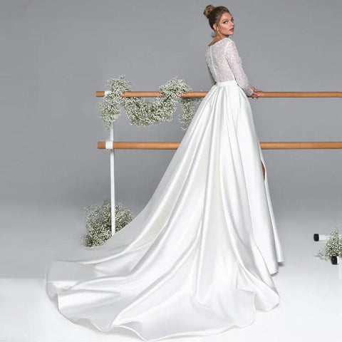 Luxury Long Sleeve Satin Wedding Dress Deep V-Neck Side Split Bridal Party Gown vestido de novia Sweep Train 2023