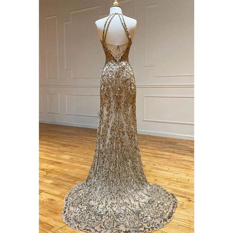 Robe de soirée longue à col licou et perles dorées, fourreau/colonne 