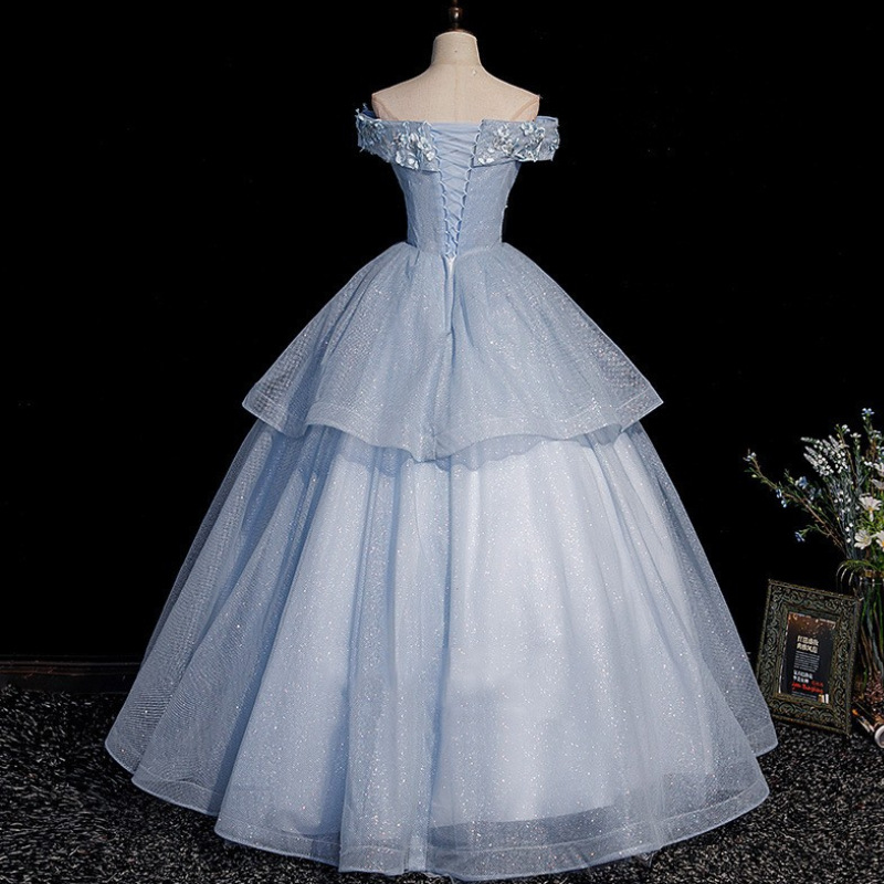 Vestido largo de gala de tul azul con encaje, vestidos de fiesta Y4208