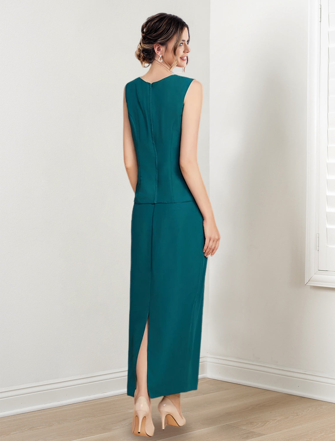 Vestidos de corte recto/columna con cuello joya y largo hasta el tobillo para la madre de la novia 