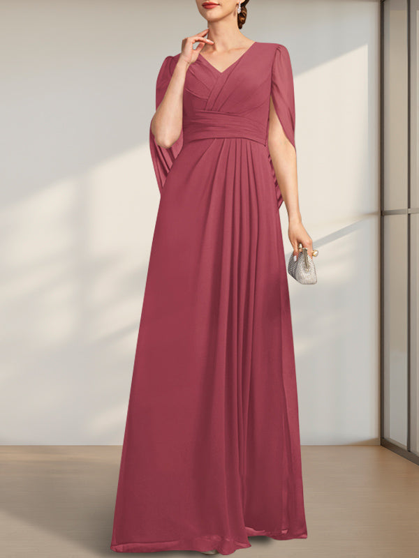 Robe de mère de la mariée en mousseline de soie, coupe trapèze, col en V, longueur au sol, avec plis.