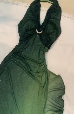 Ombre Green Chiffon Halter Long Prom Dress Glitter Evening Dress Y7481