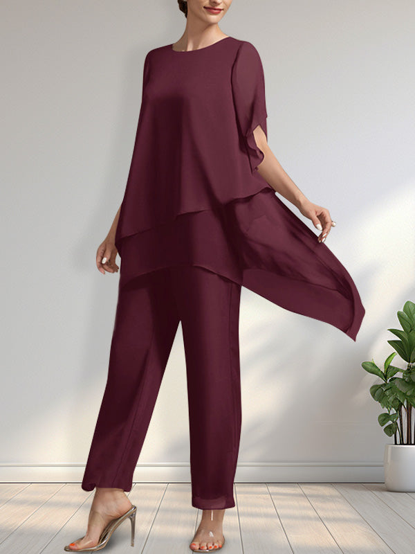 Vestido de gasa de dos piezas para la madre de la novia: mono/traje pantalón con escote redondo y largo hasta el tobillo.