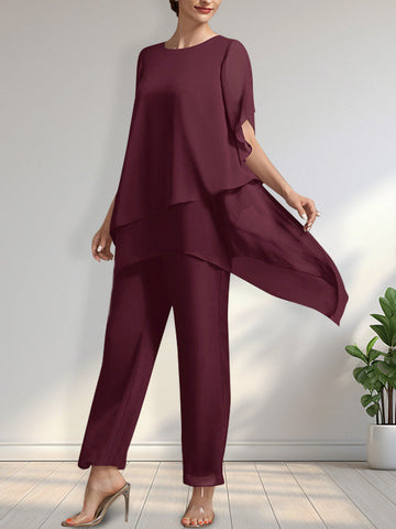 Separates Jumpsuit/Pantsuit Scoop Ankle-Length Chiffon Mother of the Bride Dress