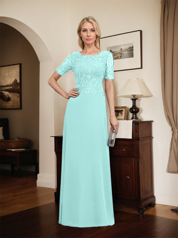 Vestido de novia de corte línea A, escote redondo, largo hasta el suelo, de encaje y gasa con lentejuelas.