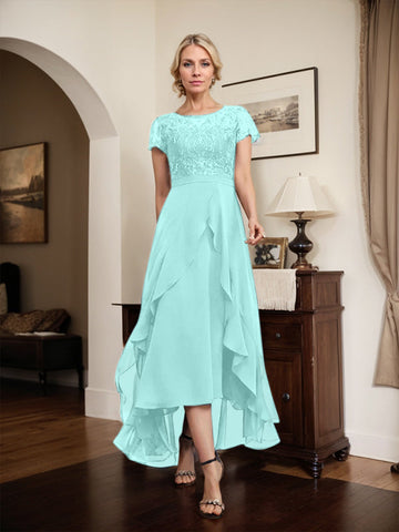A-line Scoop Illusion Asymmetrical Chiffon Lace Mother of the Bride Dress With Bow Ruffle Sequins