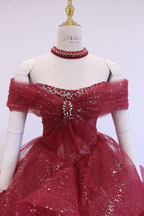 Robe de soirée rouge trapèze à épaules dénudées, robe de bal scintillante, robe de mariée Y7676