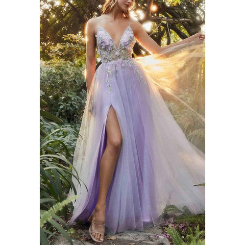 V-Neck Floral Appliqued Beaded Sheer Tulle A-Line Long Prom Evening Dress