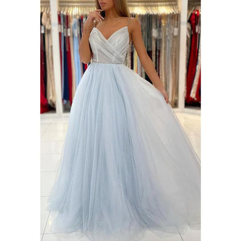 Robe de bal longue à bretelles spaghetti et col en V avec perles 