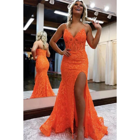 Robe de bal sirène sexy à paillettes et décolleté en V avec fente