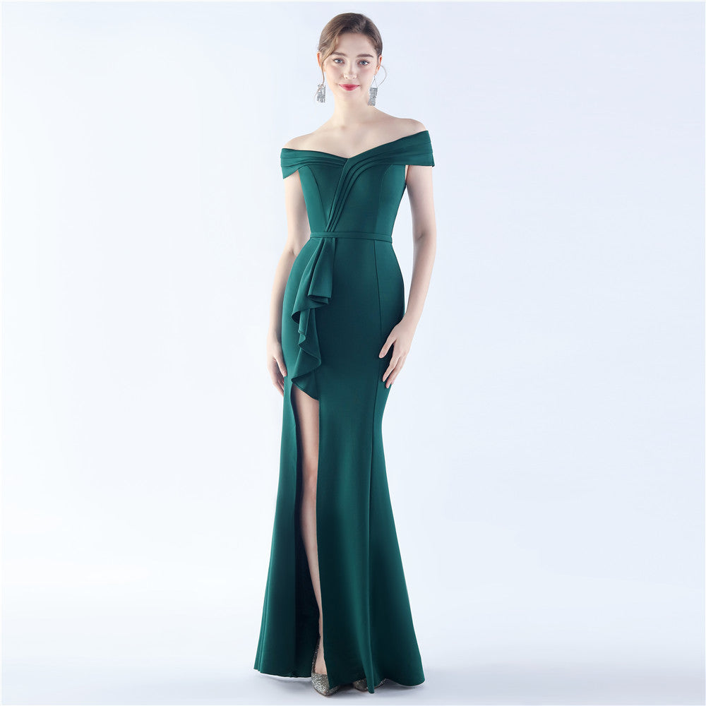 Classic Satin Off Shoulder Long Evening Dress Elegant Timeless