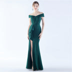 Classic Satin Off Shoulder Long Evening Dress Elegant Timeless