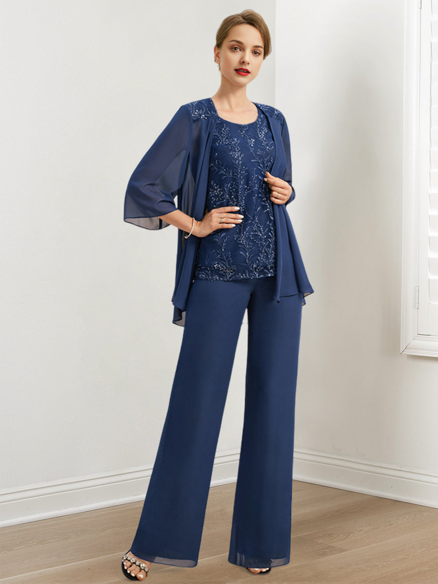 Traje pantalón de gasa para la madre de la novia con lentejuelas y chaqueta 