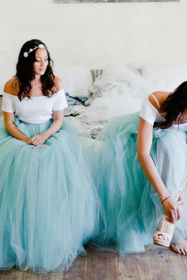 Robe de demoiselle d'honneur deux pièces en tulle menthe à fines bretelles et traîne balayée BD082