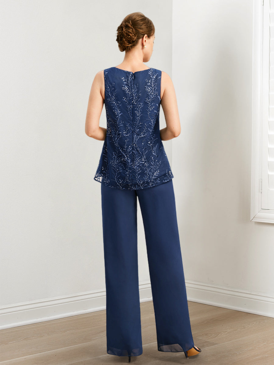 Traje pantalón de gasa para la madre de la novia con lentejuelas y chaqueta 