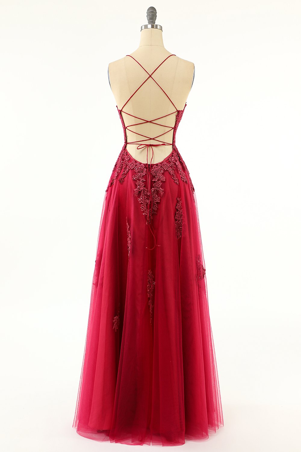 Robe de bal longue en tulle lavande avec dentelle