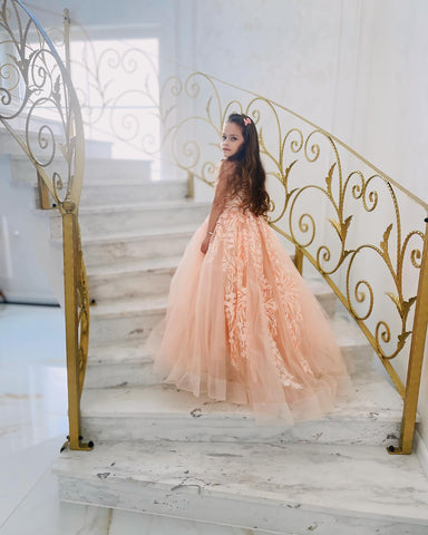 Vestido de princesa rosa para niñas con apliques de encaje 