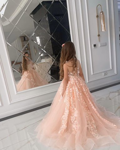 Robe de bal rose de princesse pour filles avec applications de dentelle 
