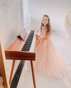 Vestido de princesa rosa para niñas con apliques de encaje 