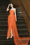 Vestido de noche de tul plisado sin tirantes con lentejuelas, vestido de fiesta naranja con abertura Y7651