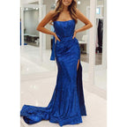 Robe de soirée à paillettes, détachable, épaules dénudées et fente latérale 