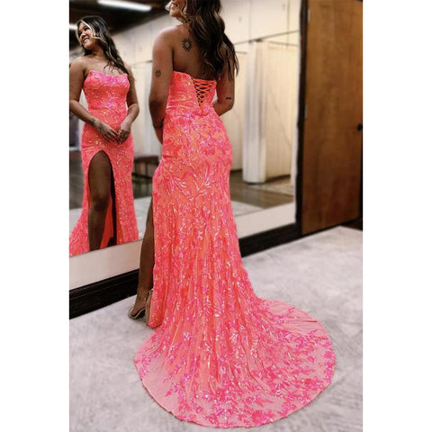 Vestido de noche de graduación sin tirantes con apliques de lentejuelas y cuentas, con abertura lateral 