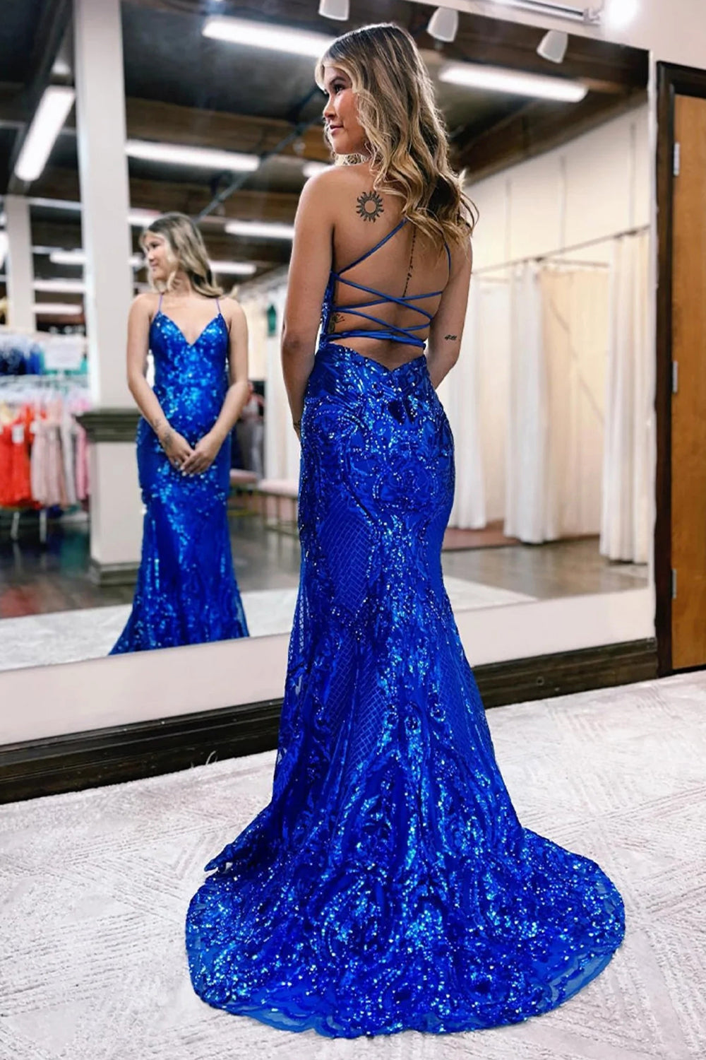 Sparkly Mermaid Backless Hot Pink Sequins Long Prom Dress