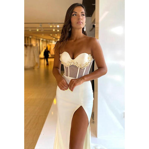 Sweetheart Strapless Floral Appliqued Satin Sheath Long Evening Dress