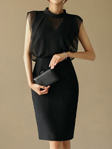 Vestidos de noche midi sueltos sin mangas de gasa calada transparente con abertura en la entrepierna, cremallera y cuello alto 