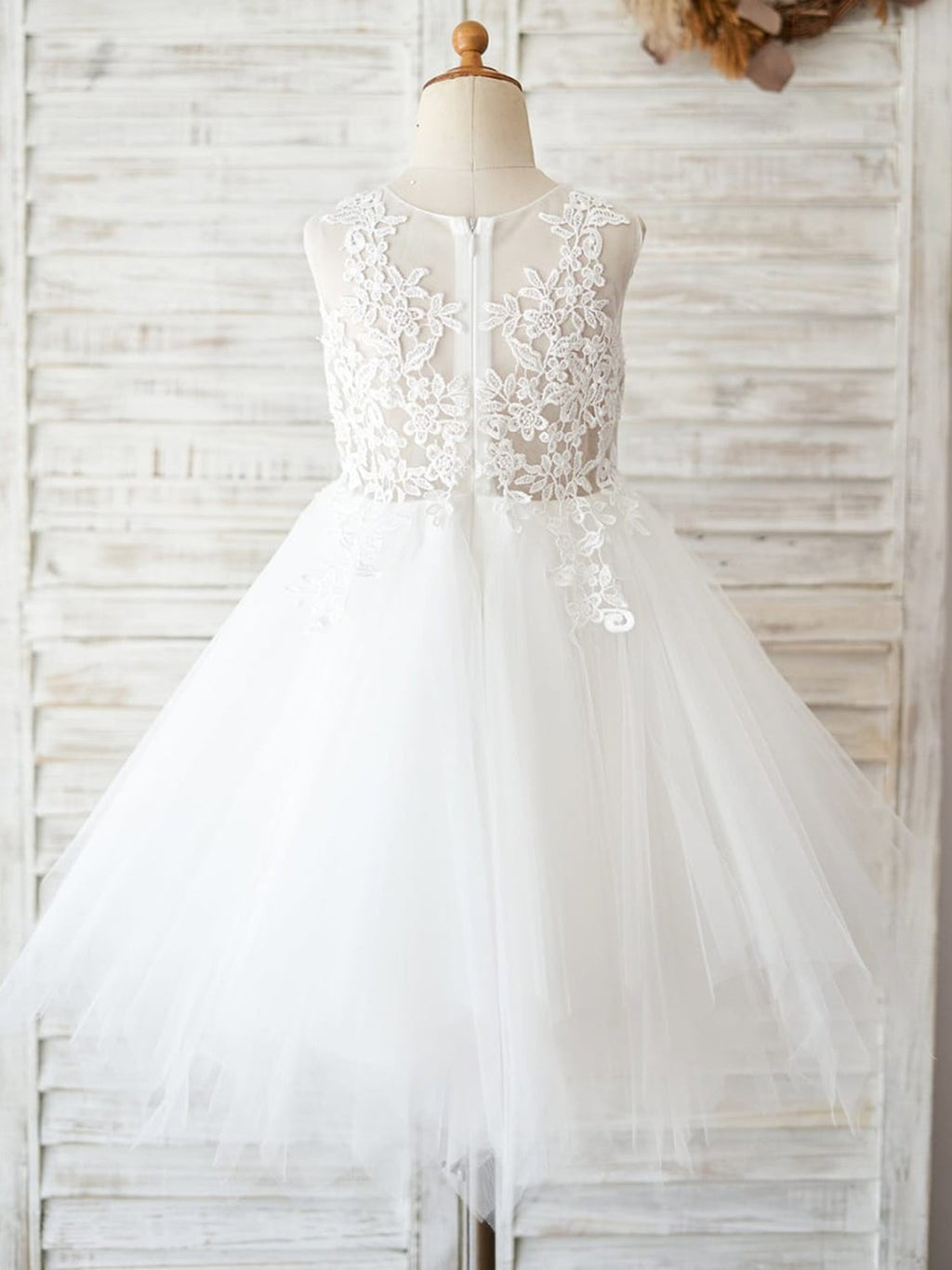 Vestido de niña de las flores para la Primera Comunión, corte en A, de tul hasta la rodilla 