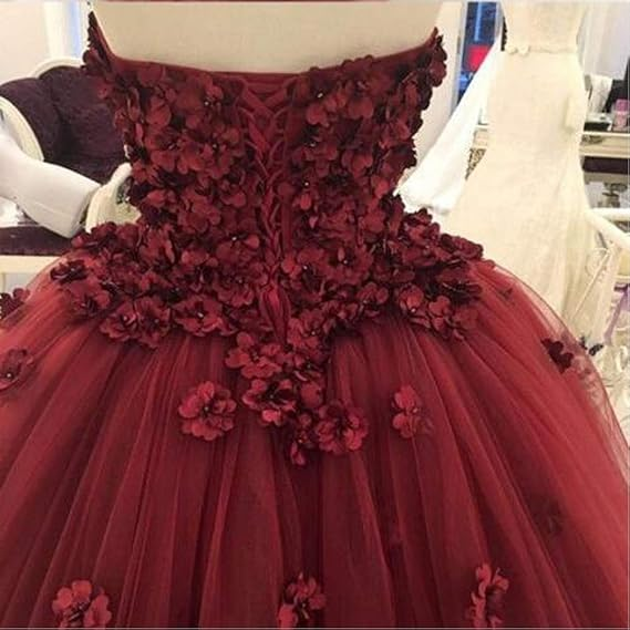 Robe de bal bustier en tulle bordeaux ornée de fleurs à la main Y1218
