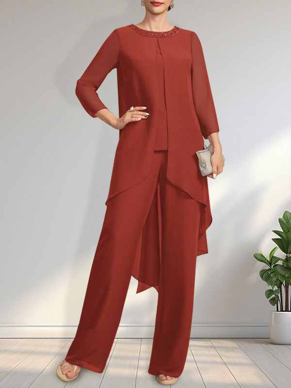 Vestido de dos piezas para la madre de la novia: mono/pantalón de gasa con escote redondo y largo hasta el suelo, adornado con lentejuelas y pedrería.