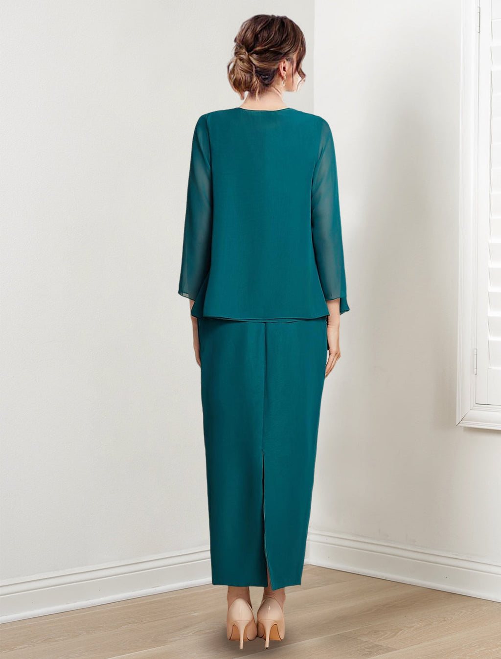 Vestidos de corte recto/columna con cuello joya y largo hasta el tobillo para la madre de la novia 