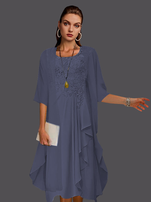 Vestidos de dos piezas de corte A, de gasa, encaje, sin mangas, con chaqueta, pliegues y apliques. 