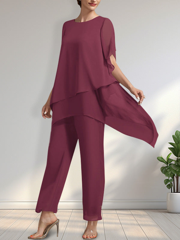 Vestido de gasa de dos piezas para la madre de la novia: mono/traje pantalón con escote redondo y largo hasta el tobillo.