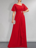 Robe de mariée asymétrique en mousseline de soie, coupe trapèze, longueur au sol, ornée de plis, de perles et de sequins, idéale pour la mère de la mariée.