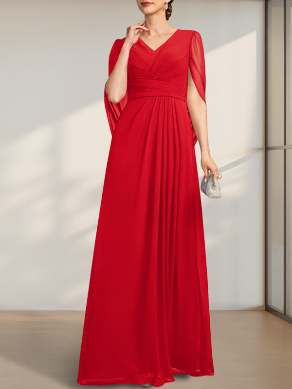 Vestido de gasa de corte A, escote en V y largo hasta el suelo para la madre de la novia, con pliegues