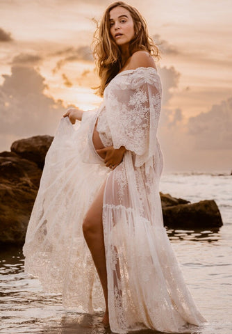 Vestido premamá blanco de encaje de manga corta, vestido premamá de noche con escote en V