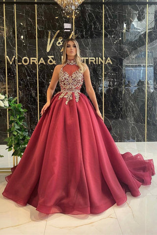 Robe de soirée bordeaux à manches longues, robe de bal en tulle ornée d'appliques