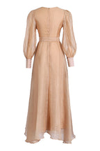 Celebrity Style V Neck Bishop Sleeve Belted Crinkled High Low Evening Dress