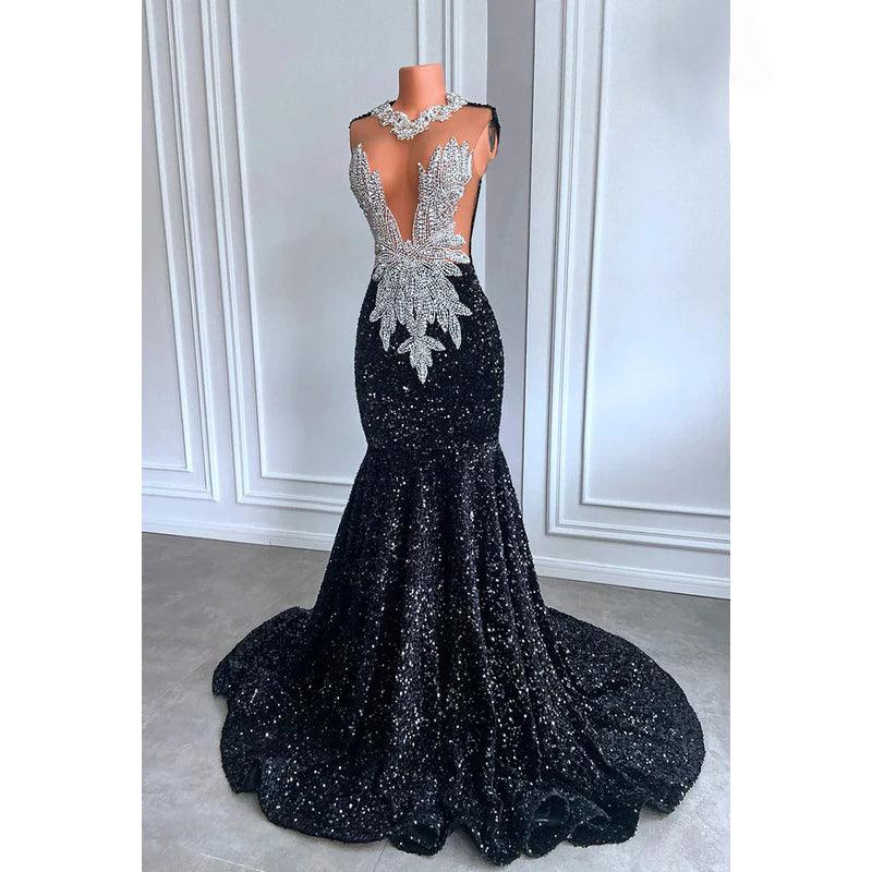 Vestido de noche de sirena con escote en V profundo, sin mangas, lentejuelas y volantes glamurosos y dramáticos