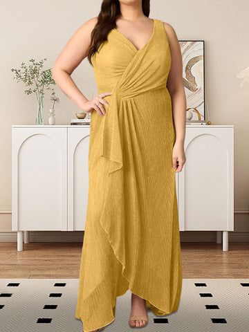 A-Line V-Neck Ruched Metallic Mesh Dress