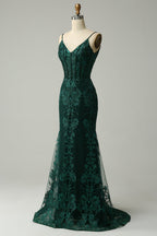 Vestido largo de fiesta de sirena verde brillante con lentejuelas