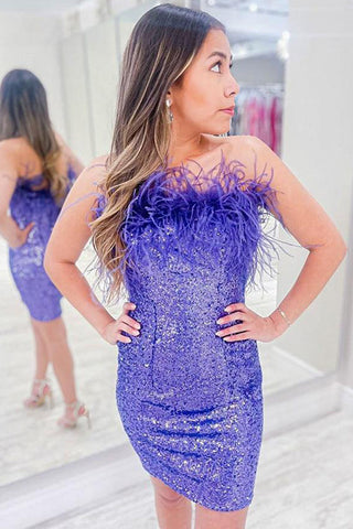 Sheath Strapless Purple Sequins Short Homecoming Dress with Feathers