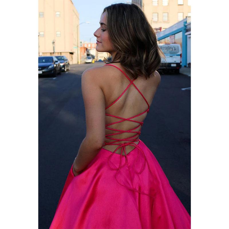 Plunging V-neck Pink Satin Senior Prom Dress with Pockets