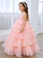 Vestido de princesa rosa perla sin mangas para niña de las flores con lazo de tul 