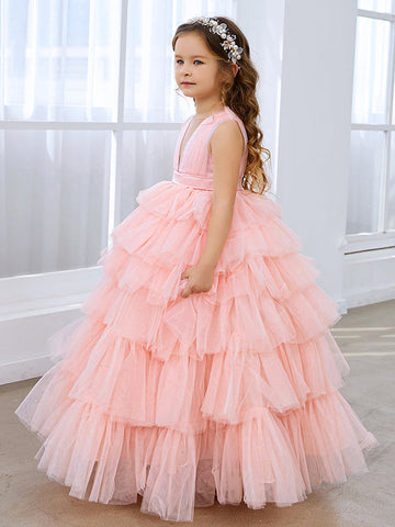 Robe de bal/robe de princesse rose perle sans manches en tulle avec nœud pour demoiselle d'honneur 