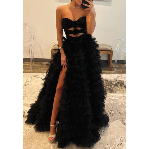 Sweetheart Strapless A-line Illusion Tiered with Side Slit Party Prom Evening Dress